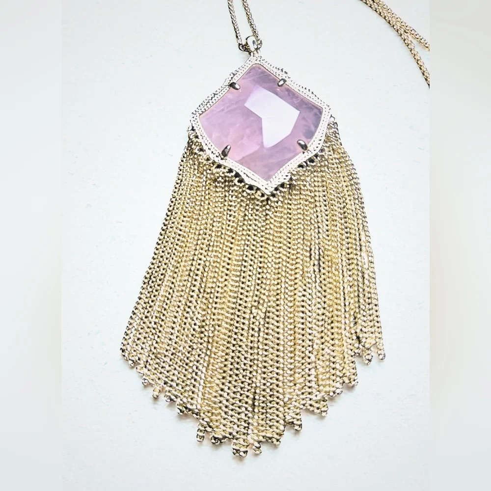 Kendra Scott Long Rose Quartz Statement Pendant Necklace NWT Gold Tone - Picture 3 of 6